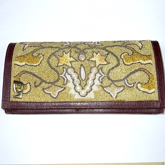 Vintage Beaded and Leather Long Clutch Bag Wallet - Picture 1 of 15